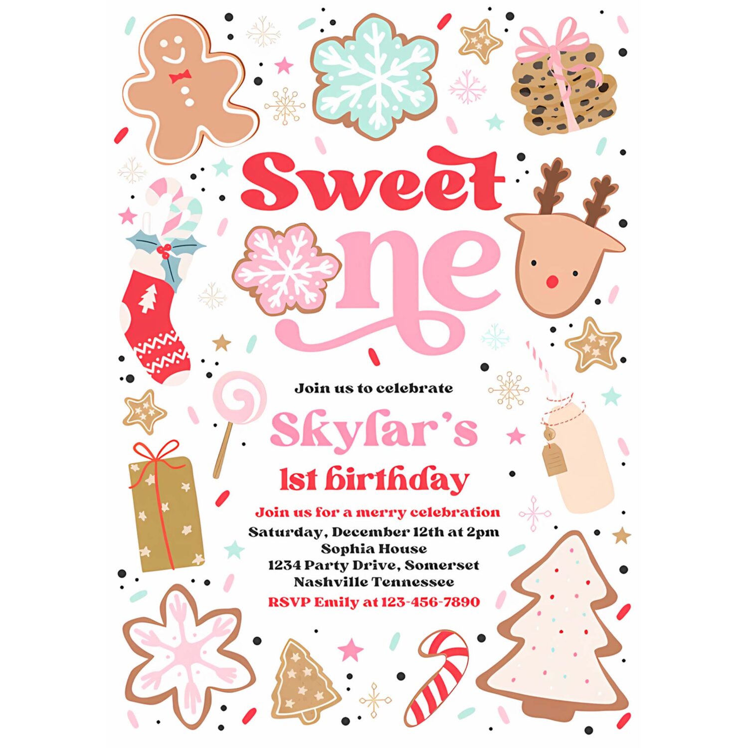 Editable christmas birthday invitation cookie party 1st birthday party sweet one christmas 1st birthday party instant download hy9 4