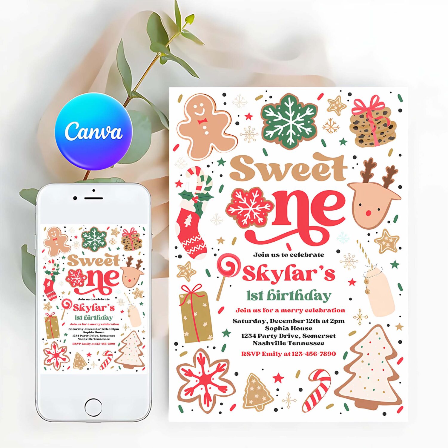 Editable christmas birthday invitation holiday cookie party 1st birthday party sweet one christmas 1st birthday party instant download hy2