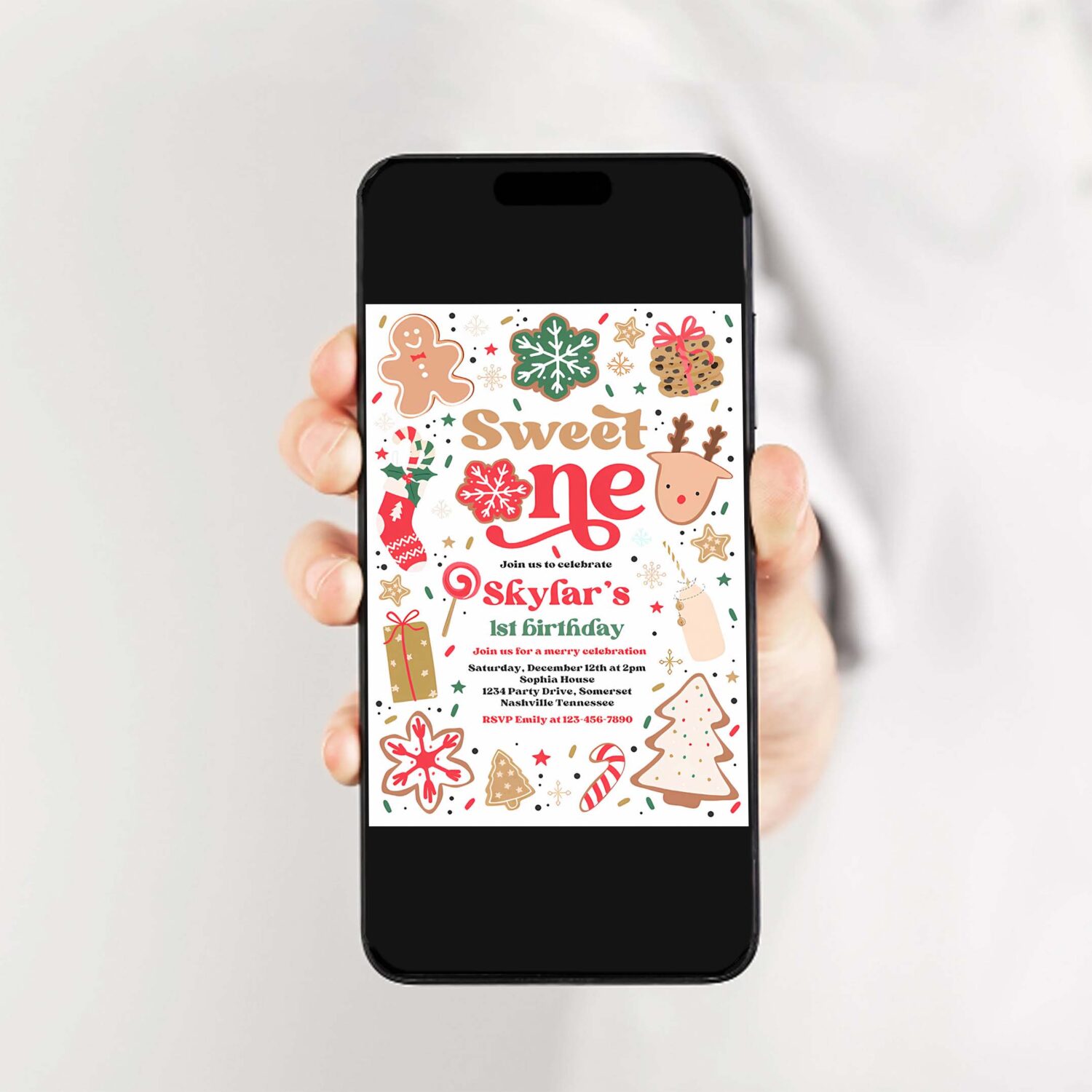 Editable christmas birthday invitation holiday cookie party 1st birthday party sweet one christmas 1st birthday party instant download hy2 2