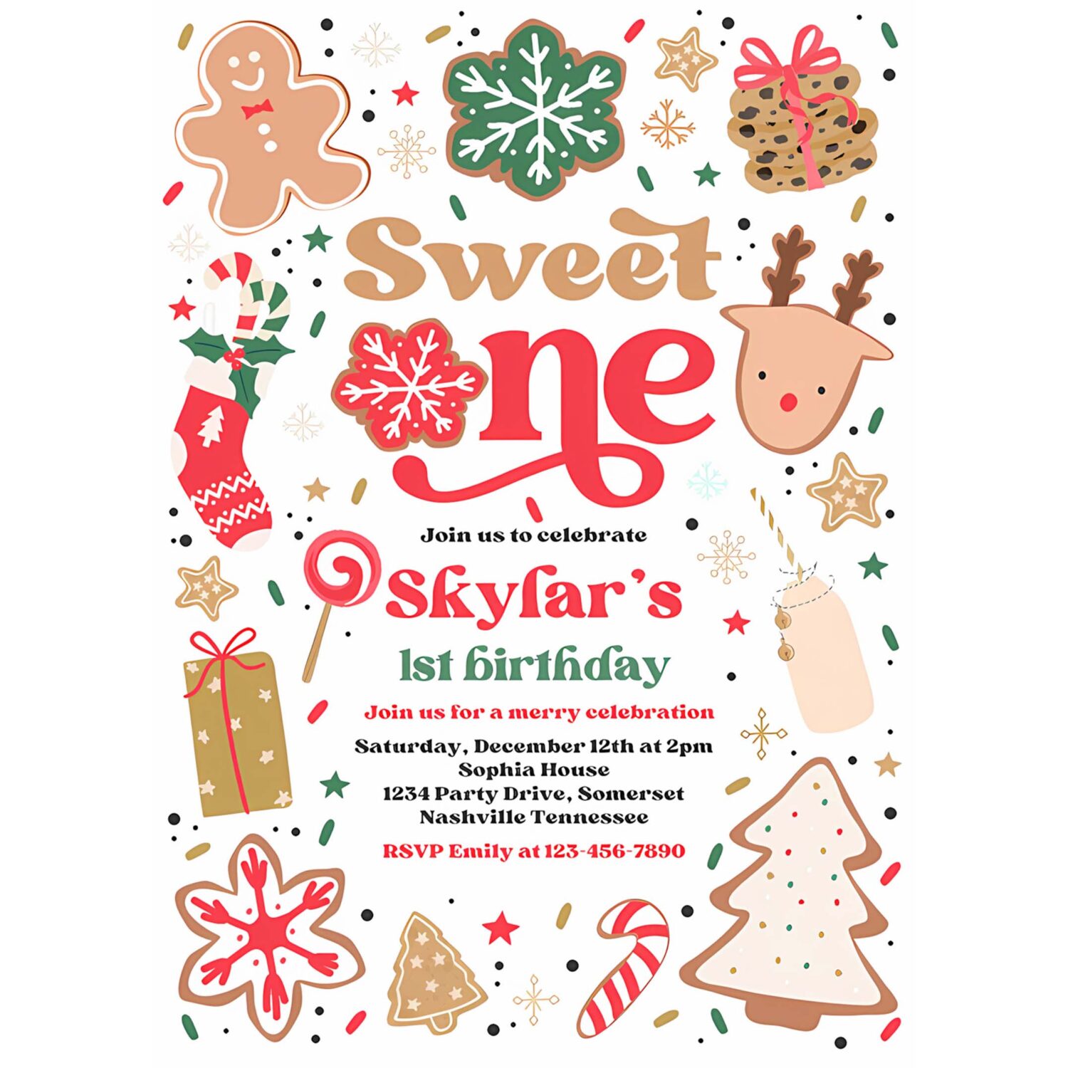 Editable christmas birthday invitation holiday cookie party 1st birthday party sweet one christmas 1st birthday party instant download hy2 4