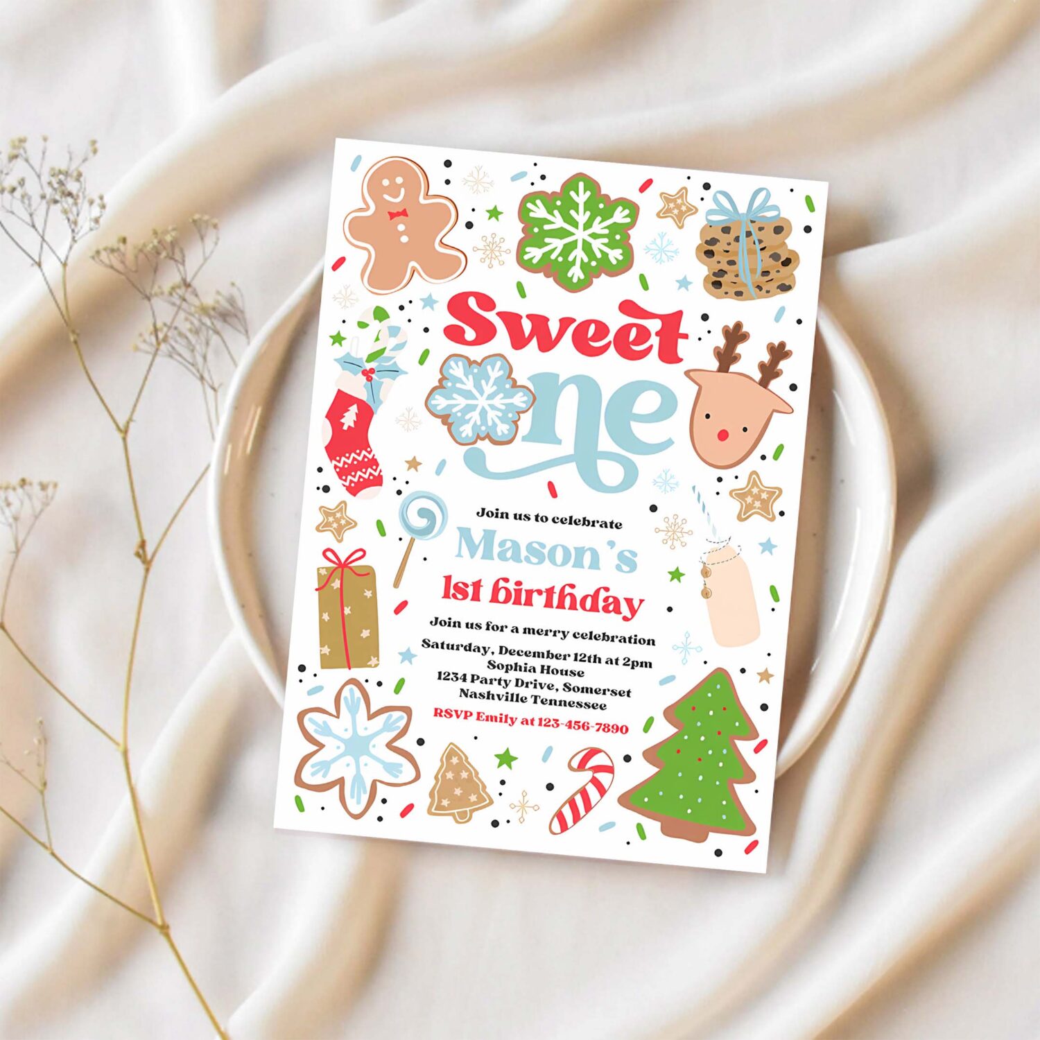 Editable christmas birthday invitation holiday cookie party 1st birthday party sweet one christmas 1st birthday party instant download hy9 1