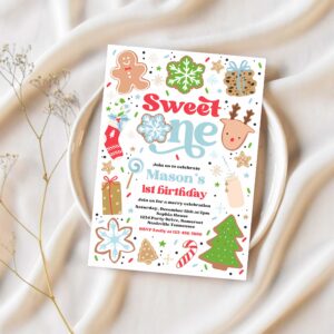 Editable christmas birthday invitation holiday cookie party 1st birthday party sweet one christmas 1st birthday party instant download hy9 1