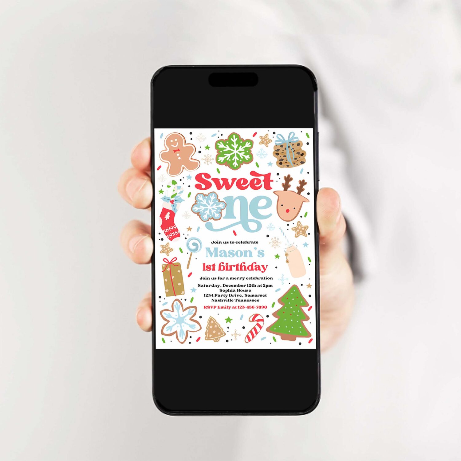 Editable christmas birthday invitation holiday cookie party 1st birthday party sweet one christmas 1st birthday party instant download hy9 2