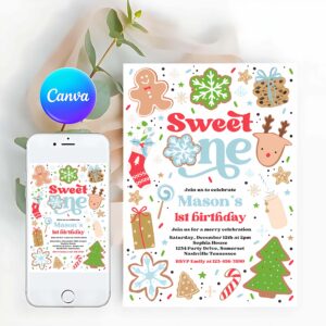Cookie Party Invitation, Christmas Birthday Invitation Holiday Cookie Party 1st Birthday Party Sweet One Christmas 1st Birthday Party