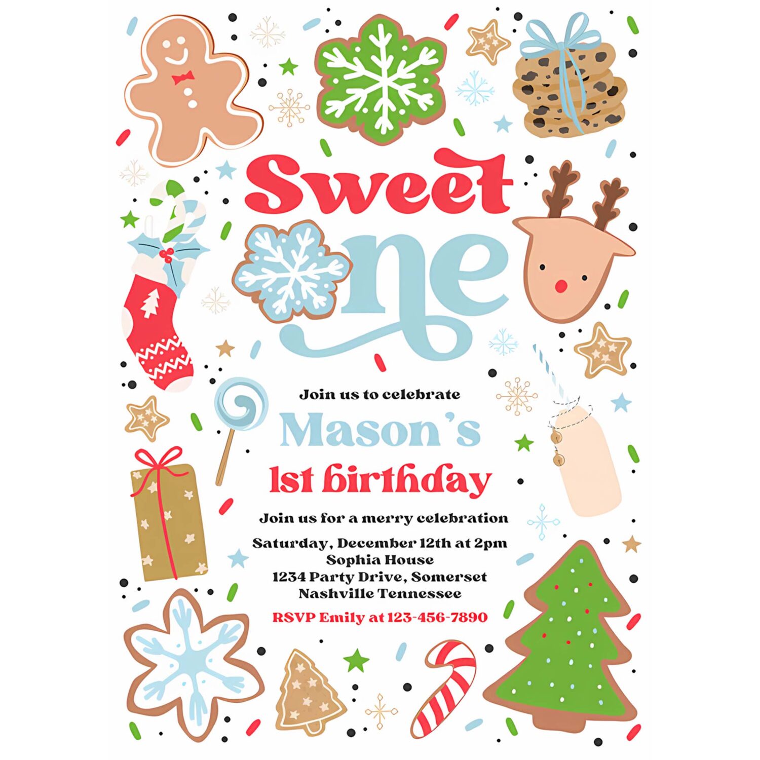 Editable christmas birthday invitation holiday cookie party 1st birthday party sweet one christmas 1st birthday party instant download hy9 4