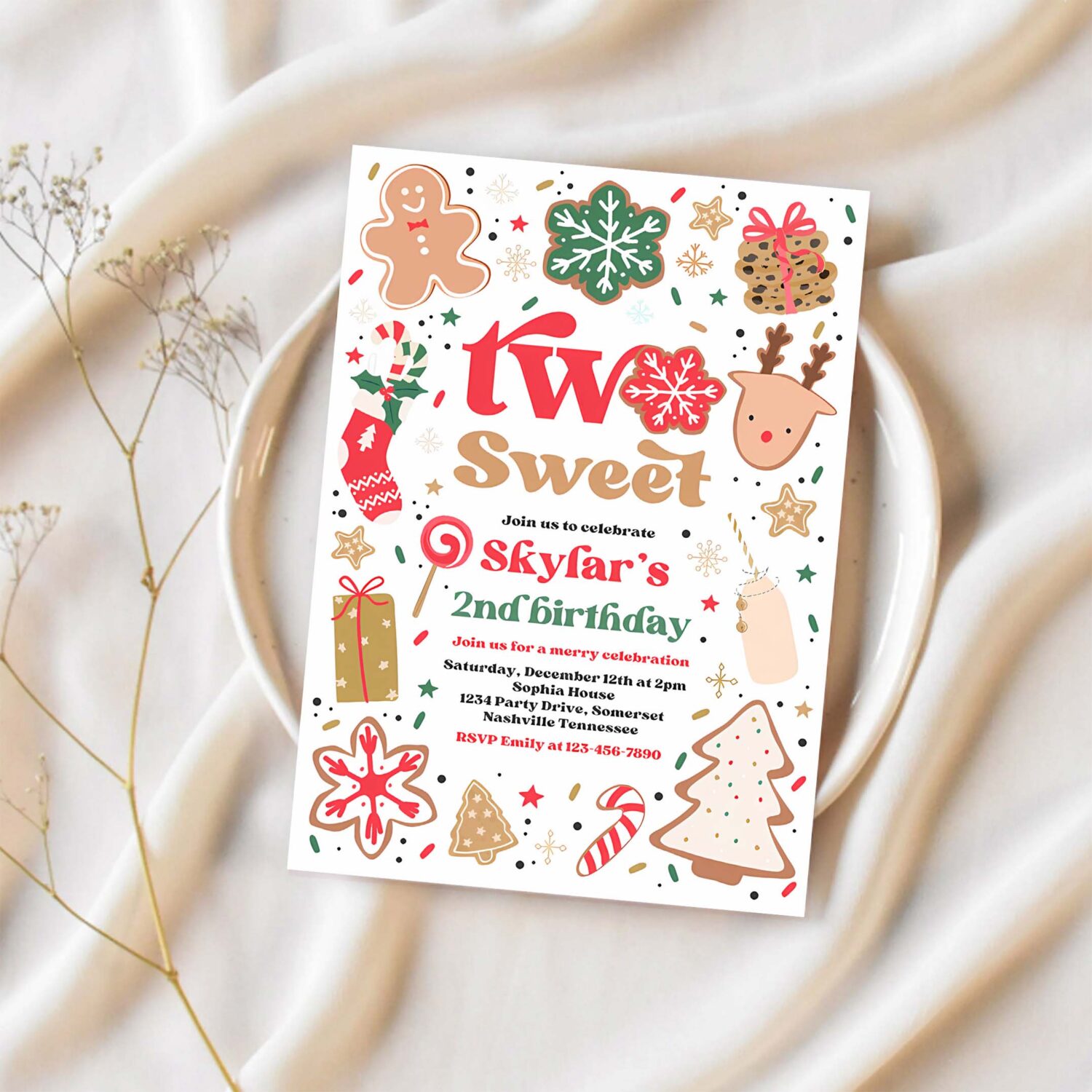Editable christmas birthday invitation holiday cookie party 2nd birthday party two sweet christmas 2nd birthday party instant download hy2 1
