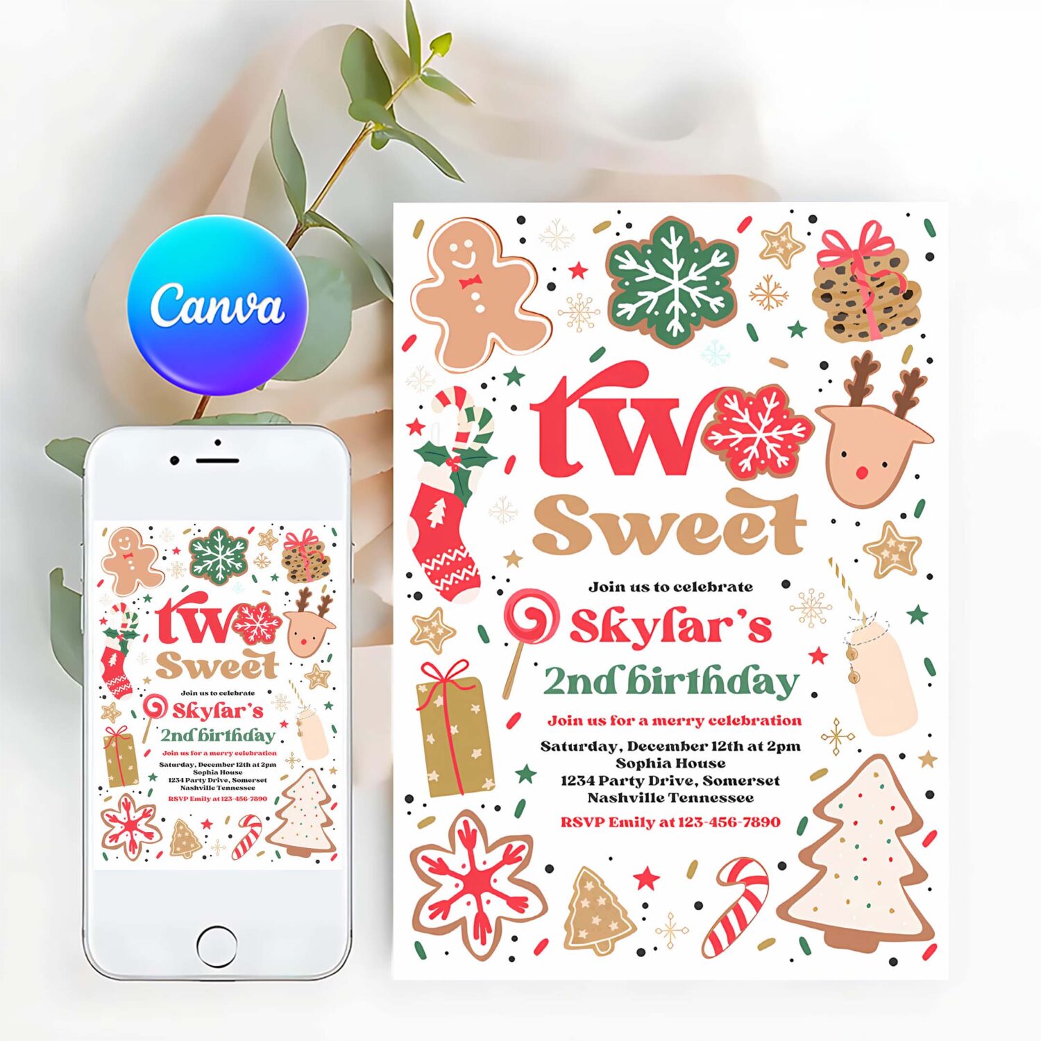 Editable christmas birthday invitation holiday cookie party 2nd birthday party two sweet christmas 2nd birthday party instant download hy2