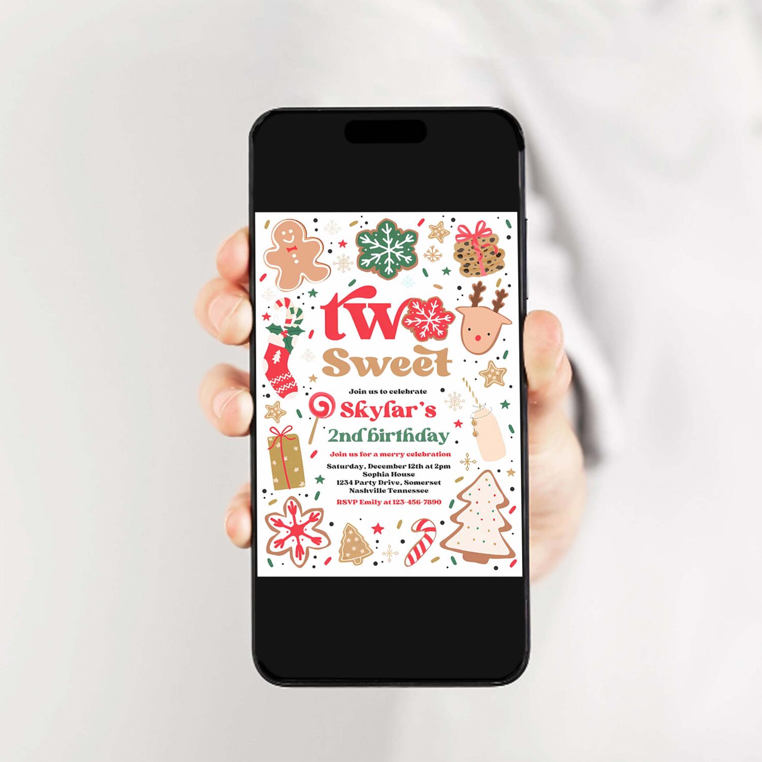 Editable christmas birthday invitation holiday cookie party 2nd birthday party two sweet christmas 2nd birthday party instant download hy2 2