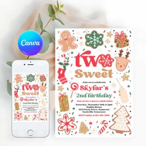 Cookie Party Invitation, Christmas Birthday Invitation Holiday Cookie Party 2nd Birthday Party Two Sweet Christmas 2nd Birthday Party