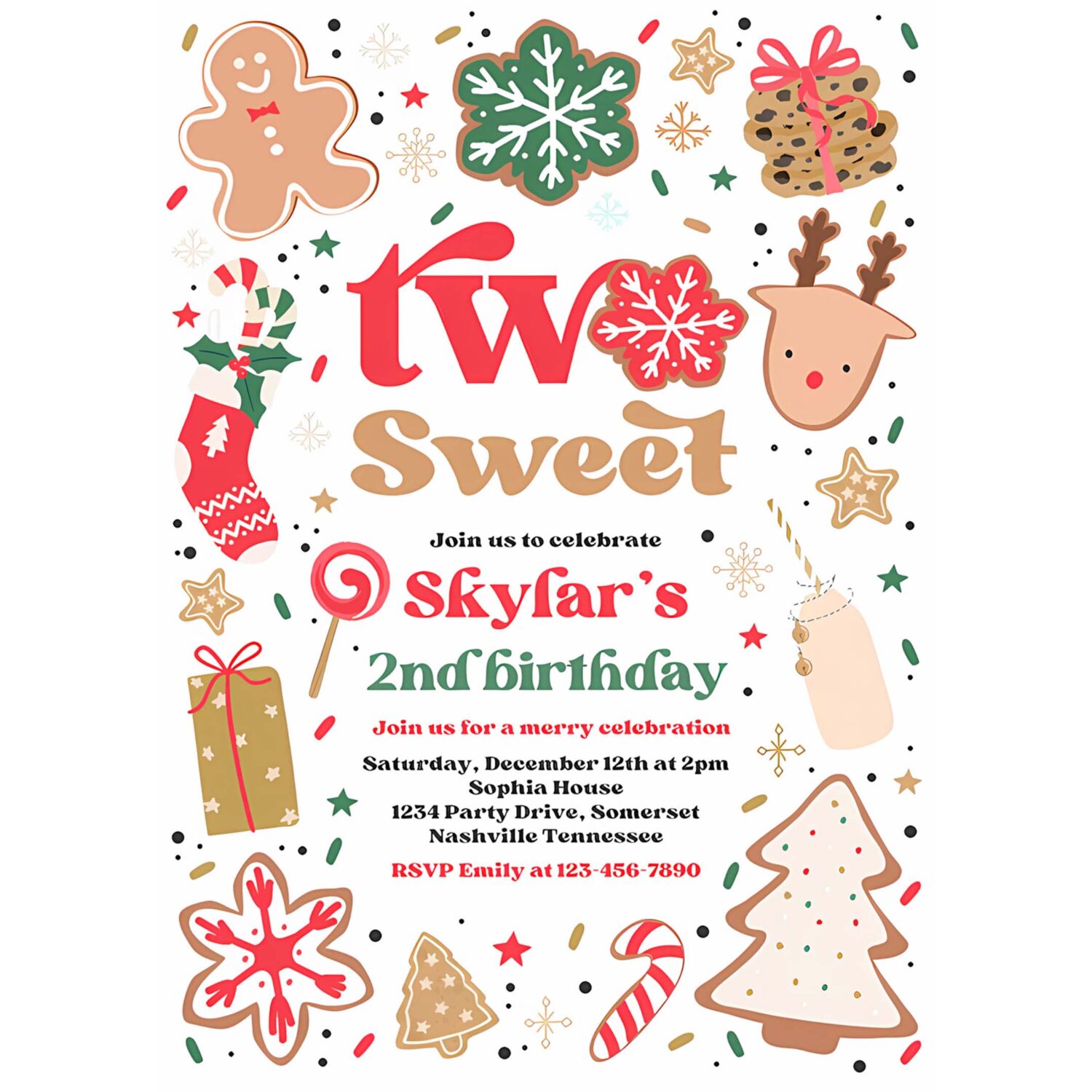 Editable christmas birthday invitation holiday cookie party 2nd birthday party two sweet christmas 2nd birthday party instant download hy2 4
