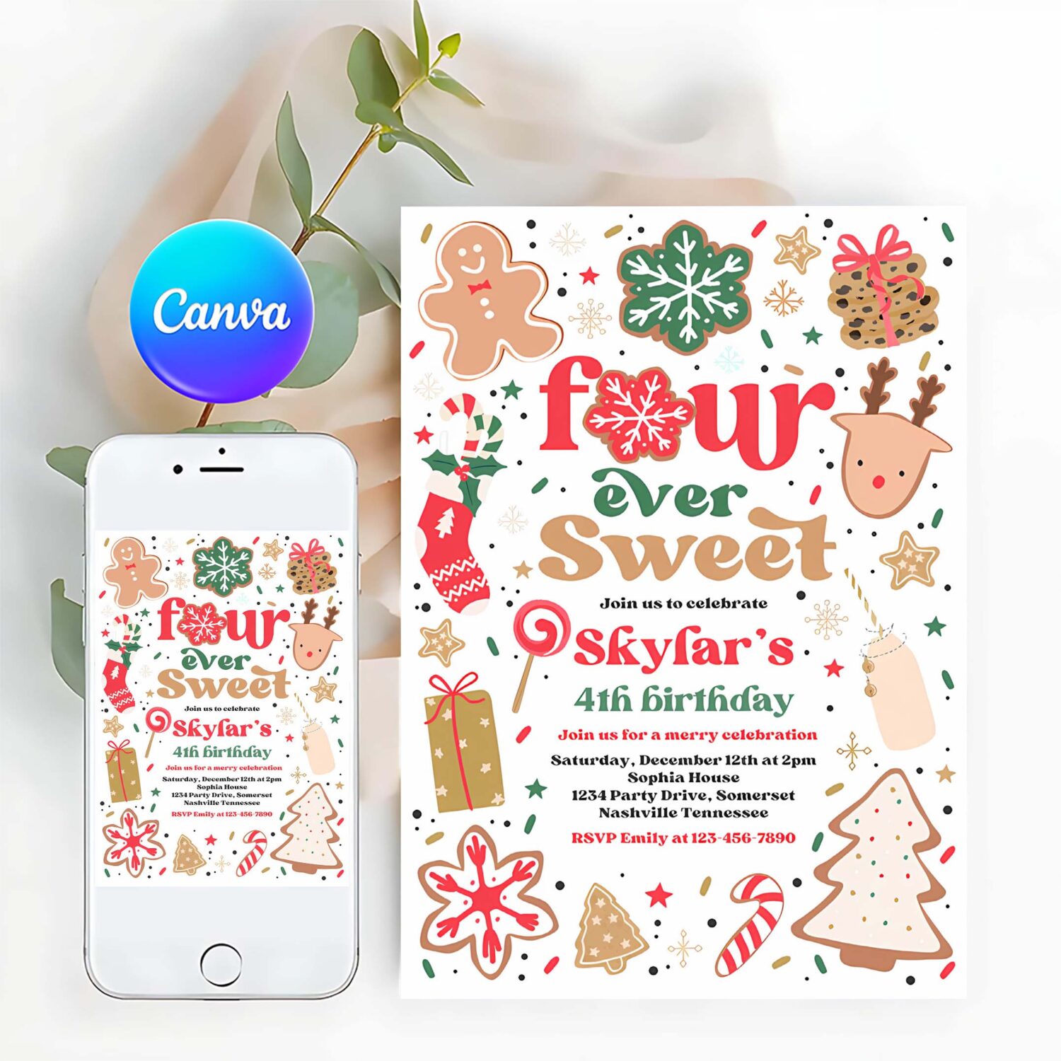 Editable christmas birthday invitation holiday cookie party 4th birthday party four ever sweet christmas 4th birthday instant download hhe
