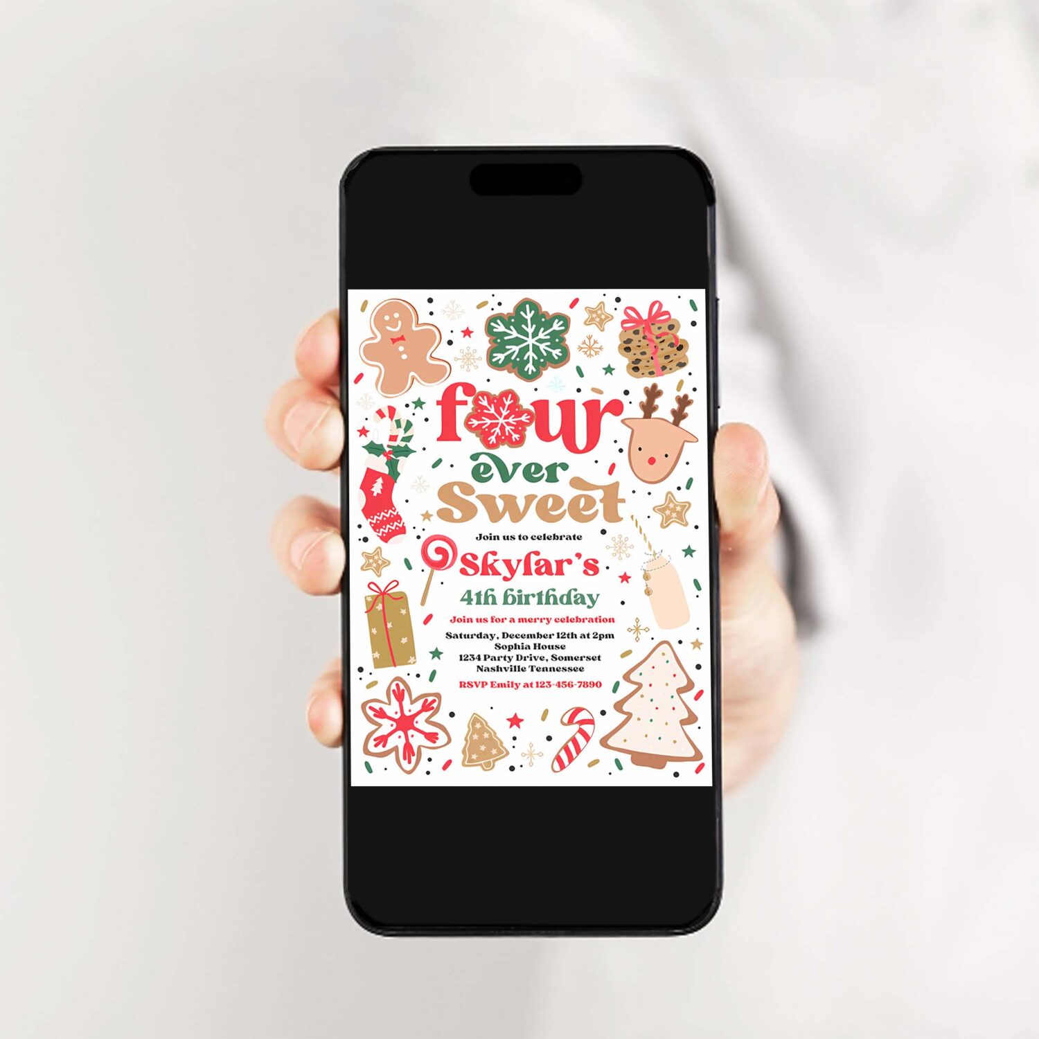 Editable christmas birthday invitation holiday cookie party 4th birthday party four ever sweet christmas 4th birthday instant download hhe 2