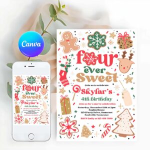 Cookie Party Invitation, Christmas Birthday Invitation Holiday Cookie Party 4th Birthday Party Four Ever Sweet Christmas 4th Birthday