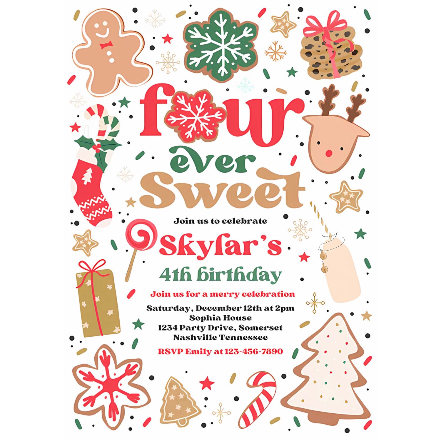 Editable christmas birthday invitation holiday cookie party 4th birthday party four ever sweet christmas 4th birthday instant download hhe 4