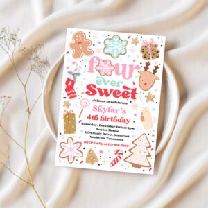 Editable christmas birthday invitation holiday cookie party 4th birthday party four ever sweet christmas 4th birthday instant download hy9 1