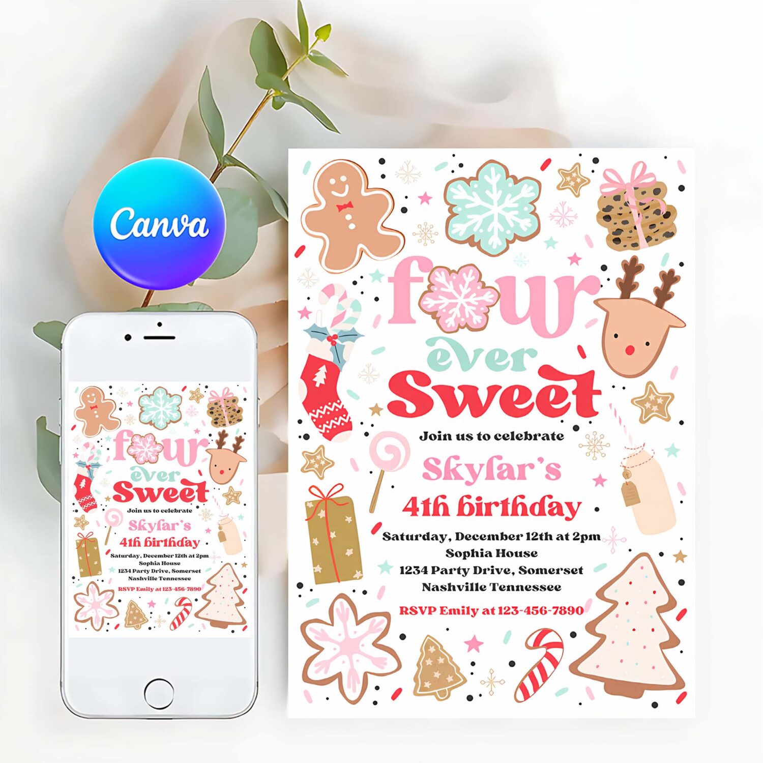 Editable christmas birthday invitation holiday cookie party 4th birthday party four ever sweet christmas 4th birthday instant download hy9