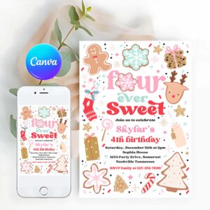 Cookie Party Invitation, Christmas Birthday Invitation Holiday Cookie Party 4th Birthday Party Four Ever Sweet Christmas 4th Birthday