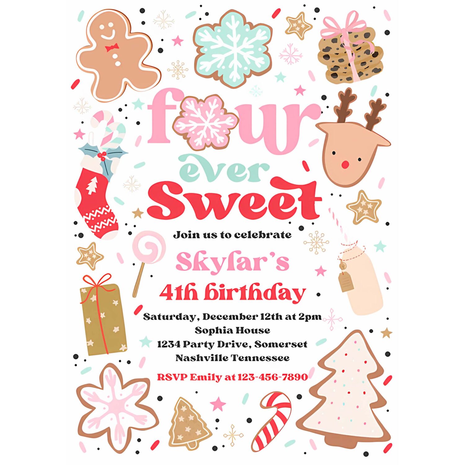 Editable christmas birthday invitation holiday cookie party 4th birthday party four ever sweet christmas 4th birthday instant download hy9 4