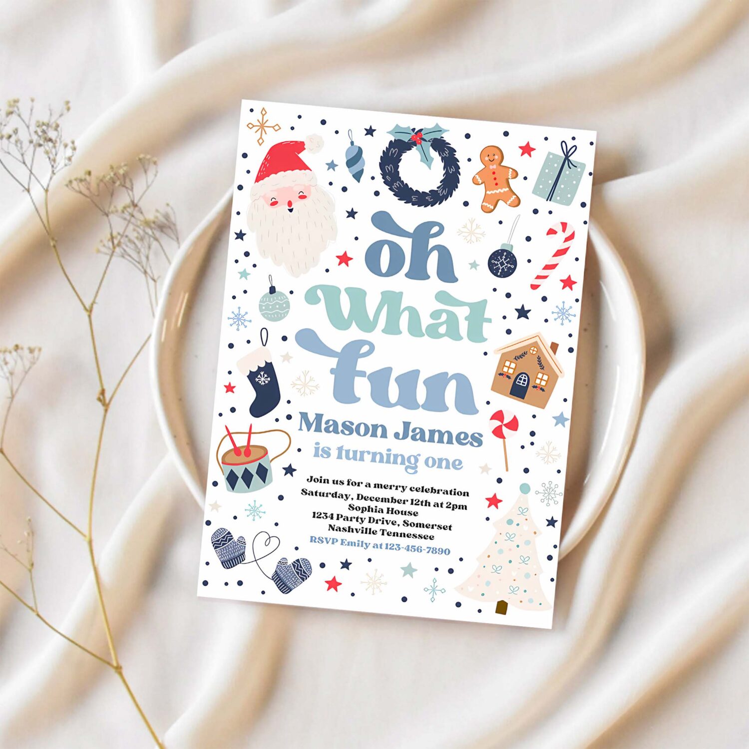 Editable christmas birthday invitation oh what fun christmas birthday party blue and red christmas birthday party instant download hhb 1