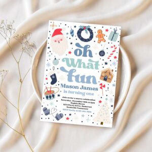 Editable christmas birthday invitation oh what fun christmas birthday party blue and red christmas birthday party instant download hhb 1