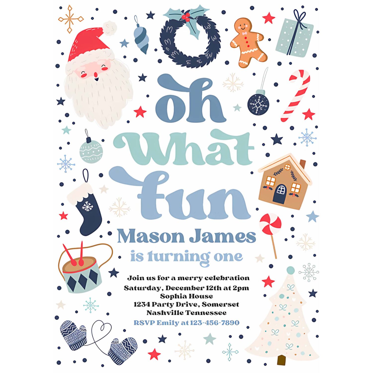 Editable christmas birthday invitation oh what fun christmas birthday party blue and red christmas birthday party instant download hhb 4
