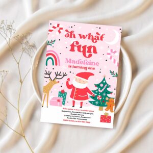 Editable christmas birthday invitation oh what fun christmas birthday party red and pink girl christmas birthday party instant download ho9 1