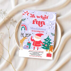 Editable christmas birthday invitation oh what fun christmas birthday party red and purple girl christmas birthday instant download ho9 1