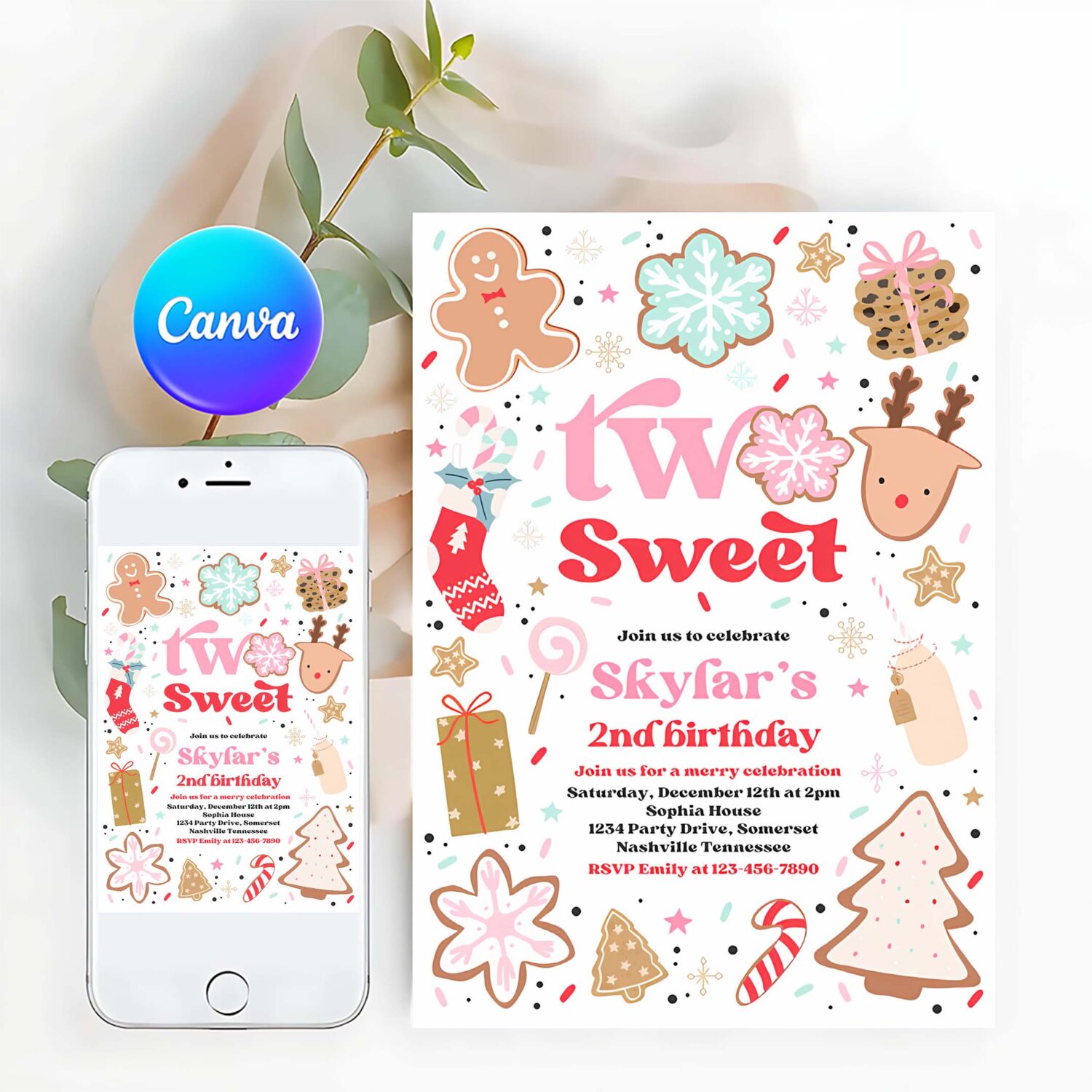 Editable christmas birthday invites holiday cookie party 2nd birthday party two sweet christmas 2nd birthday party instant download hy9