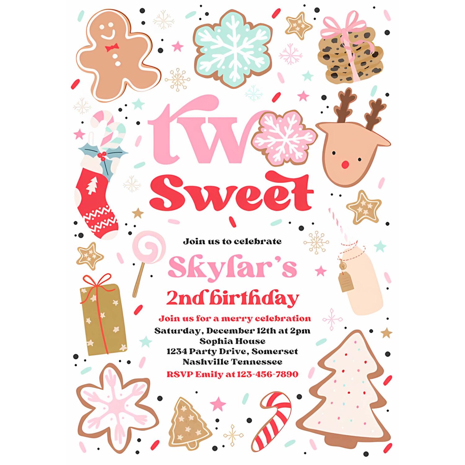 Editable christmas birthday invites holiday cookie party 2nd birthday party two sweet christmas 2nd birthday party instant download hy9 4