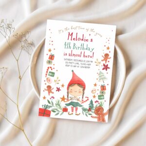 Editable christmas birthday party invitation elf birthday invite winter best time of the year girl pink gold printable template diy 0358 1