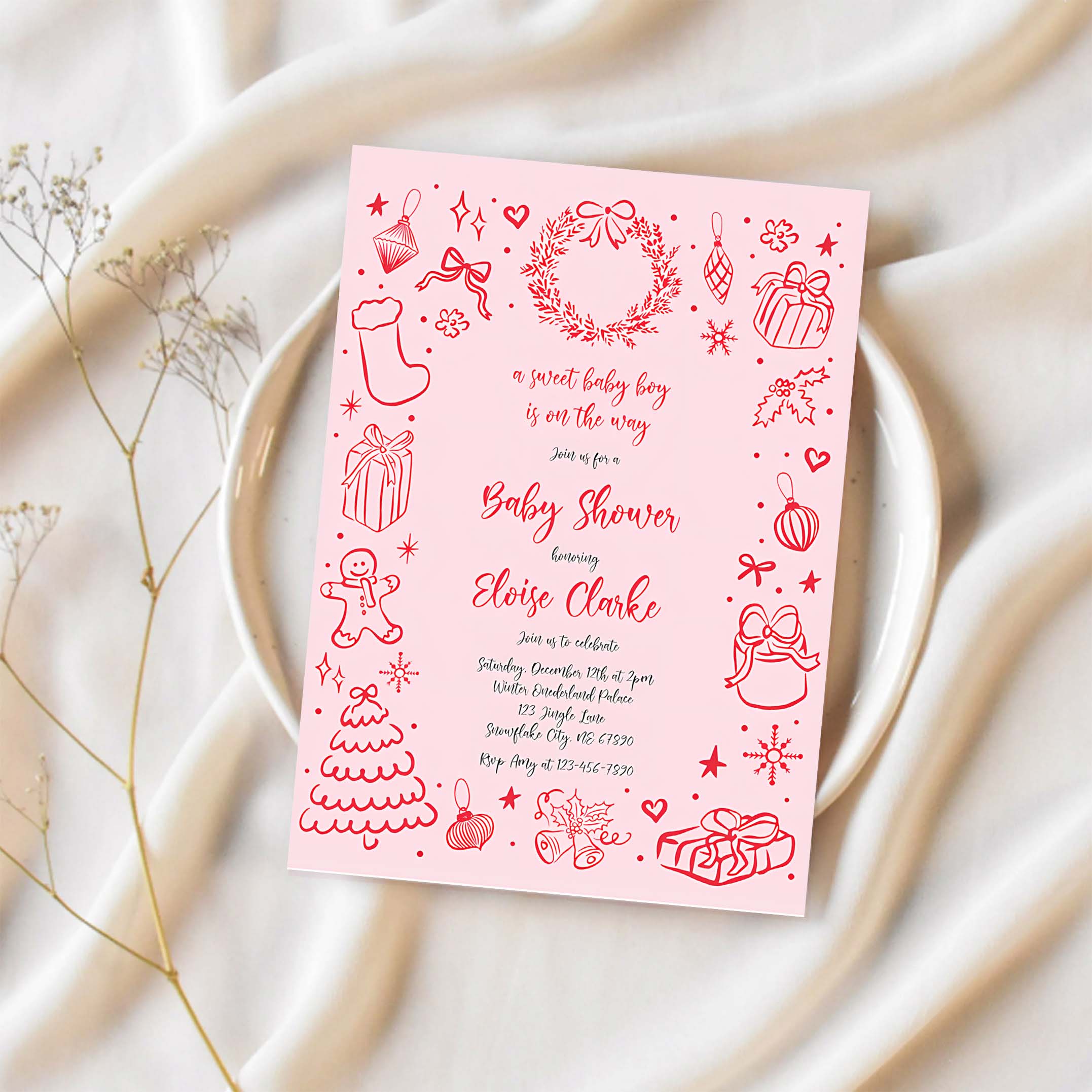 Editable Christmas Bow Baby Shower Invitation Girl Coquette Bow Christmas Baby Shower Invitation Holiday Baby Shower Instant Download JJ8