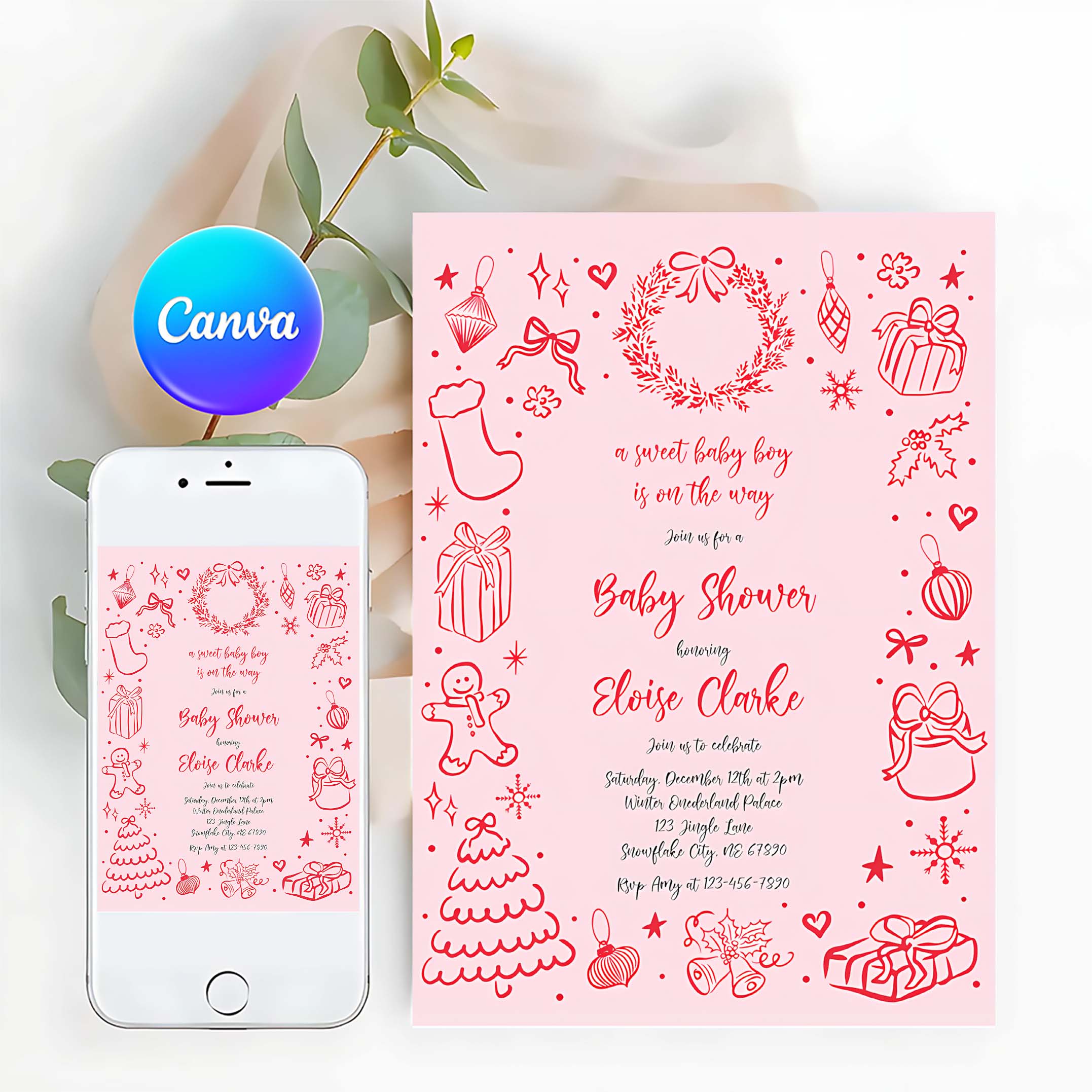 Editable Christmas Bow Baby Shower Invitation Girl Coquette Bow Christmas Baby Shower Invitation Holiday Baby Shower Instant Download JJ8