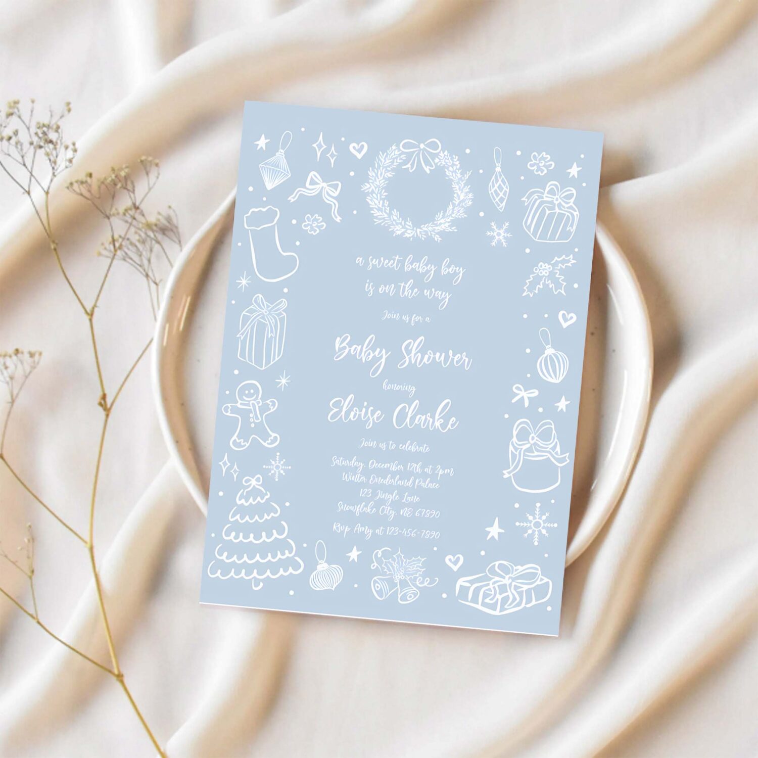 Editable christmas boy baby shower invitation winter boy hand drawn christmas baby shower invite holiday baby shower instant download jj8 1