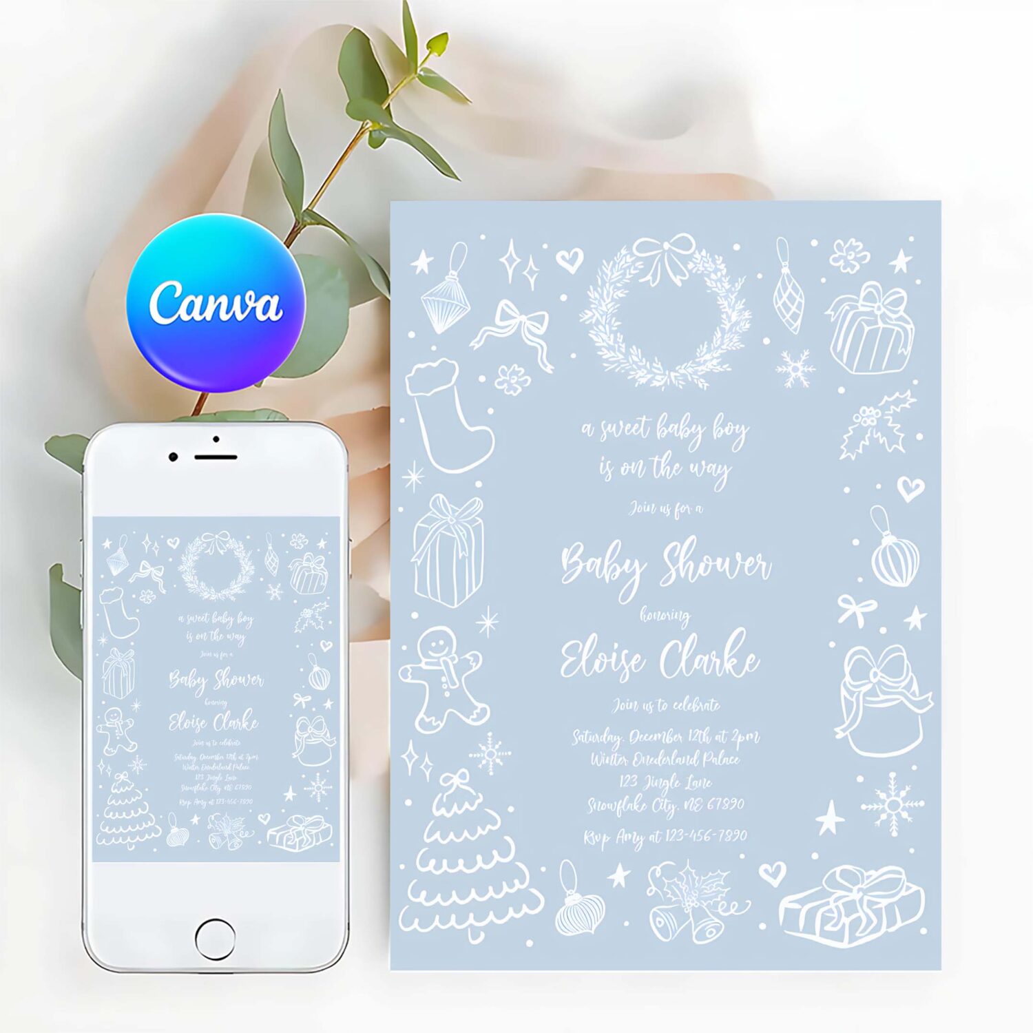 Editable christmas boy baby shower invitation winter boy hand drawn christmas baby shower invite holiday baby shower instant download jj8