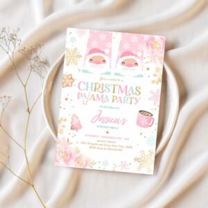 Editable christmas pajama birthday invitation girly pink gold floral slumber party invitation holiday pajama party instant download jo 1