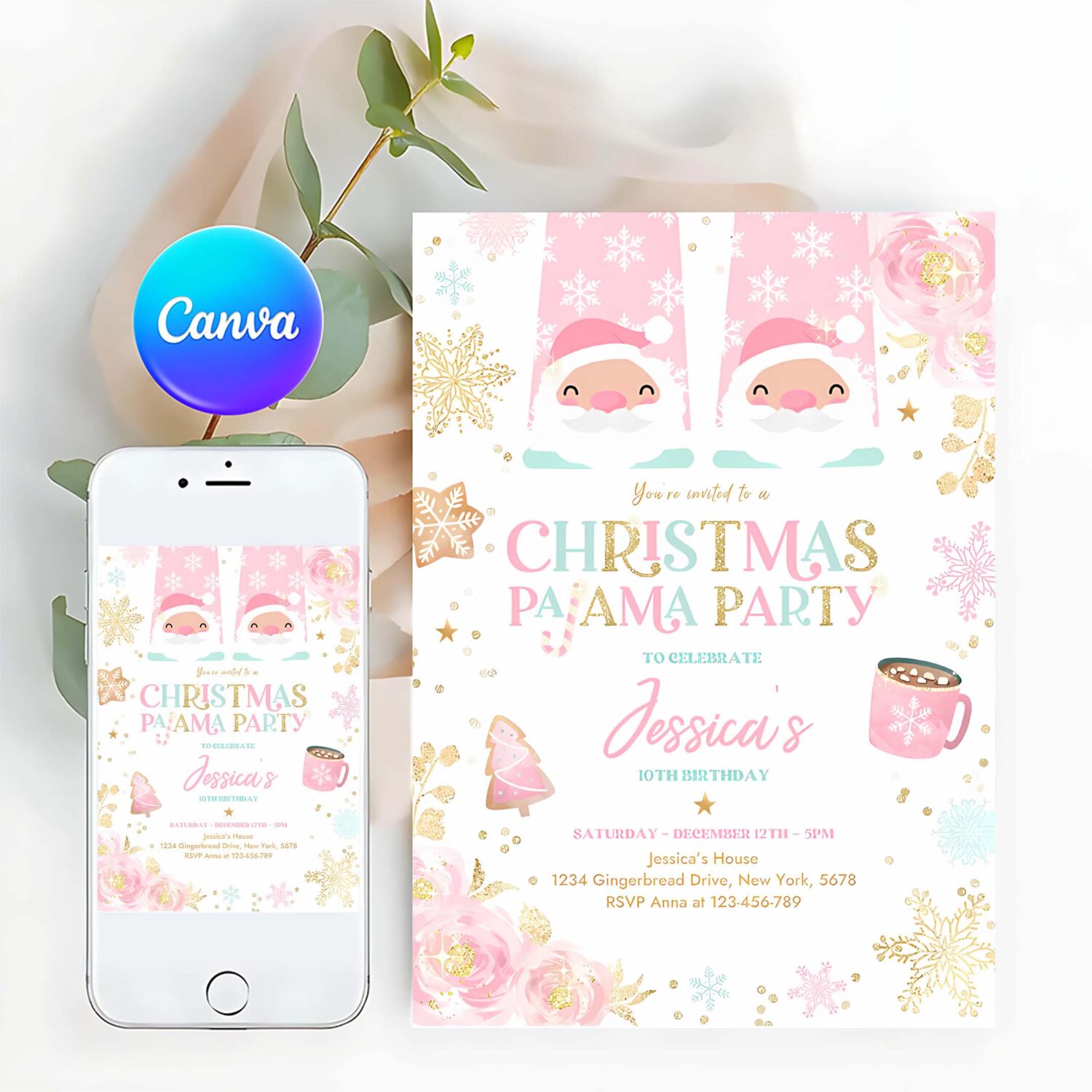 Editable christmas pajama birthday invitation girly pink gold floral slumber party invitation holiday pajama party instant download jo