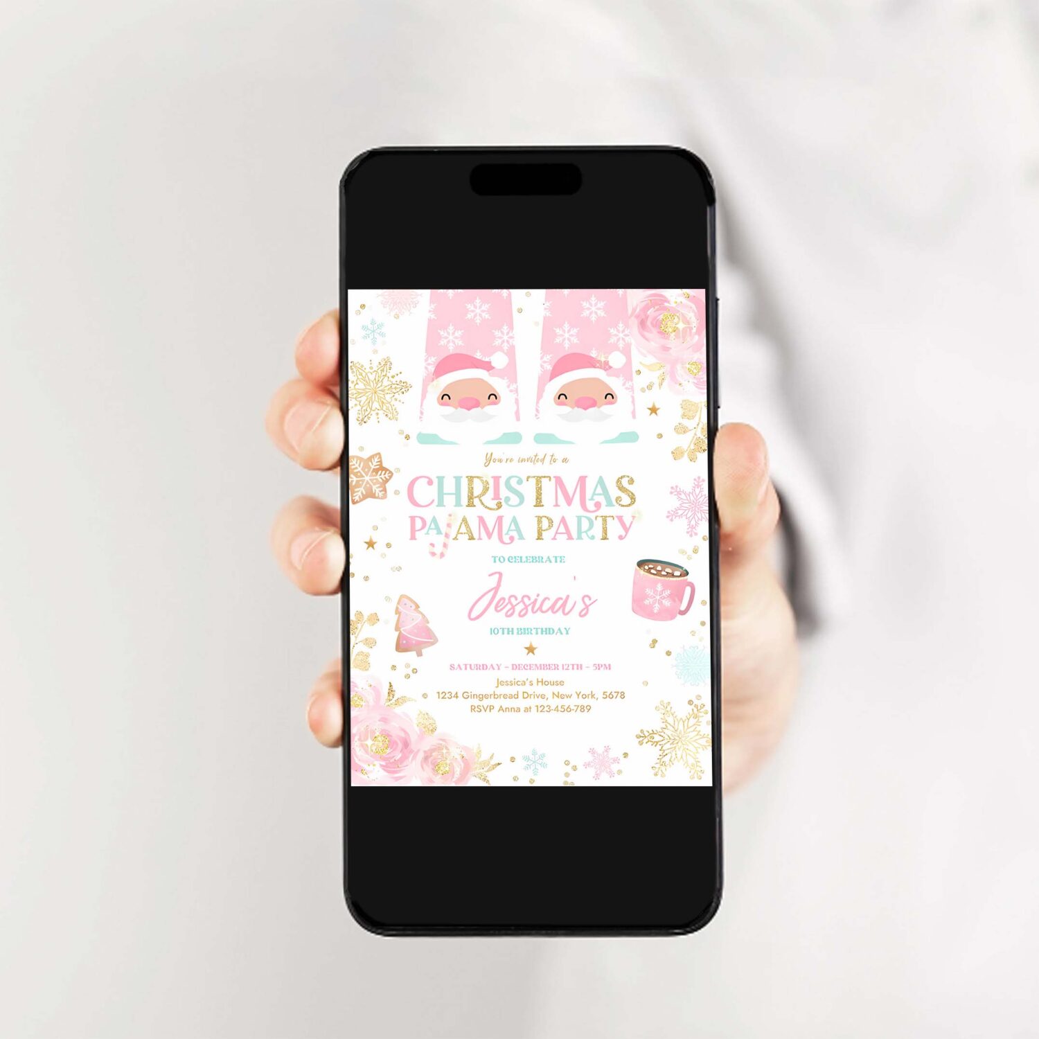 Editable christmas pajama birthday invitation girly pink gold floral slumber party invitation holiday pajama party instant download jo 2