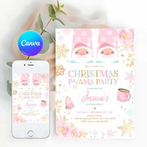Pajama Party Invitation, Christmas Pajama Birthday Invitation Girly Pink Gold Floral Slumber Party Invitation Holiday Pajama Party