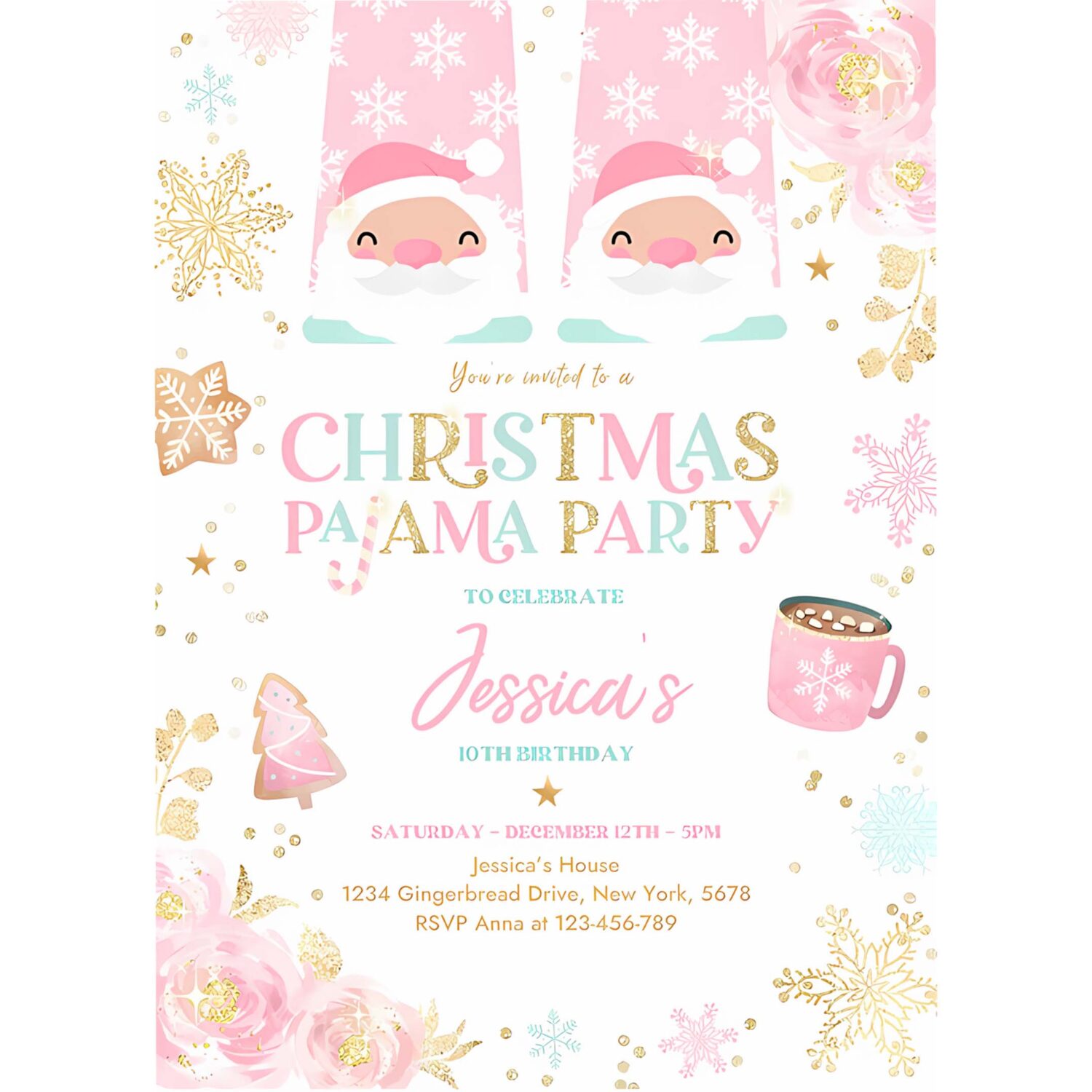 Editable christmas pajama birthday invitation girly pink gold floral slumber party invitation holiday pajama party instant download jo 4
