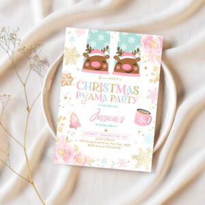 Editable christmas pajama birthday invitation girly pink gold slumber party invitation holiday pajama party instant download jo 1