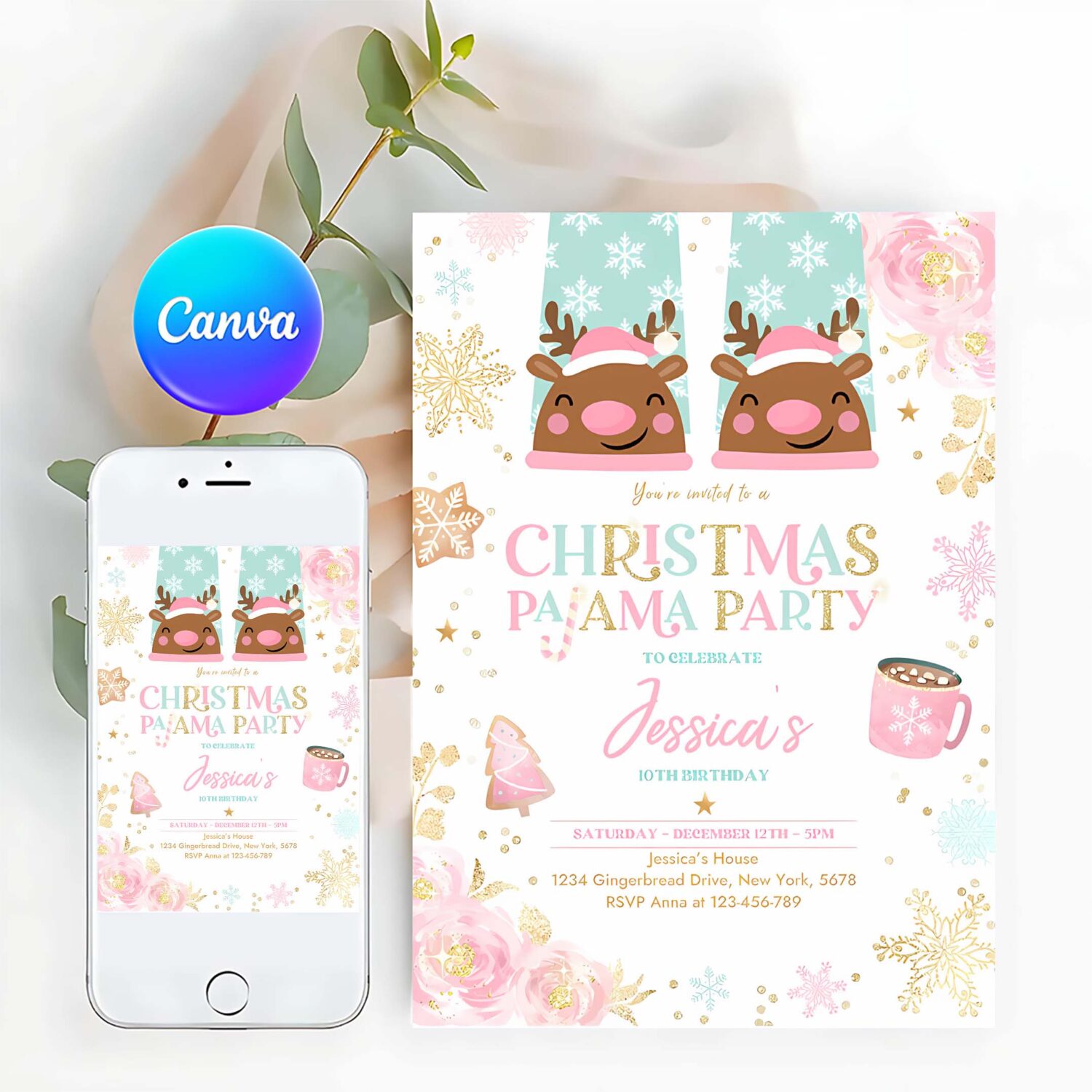 Editable christmas pajama birthday invitation girly pink gold slumber party invitation holiday pajama party instant download jo