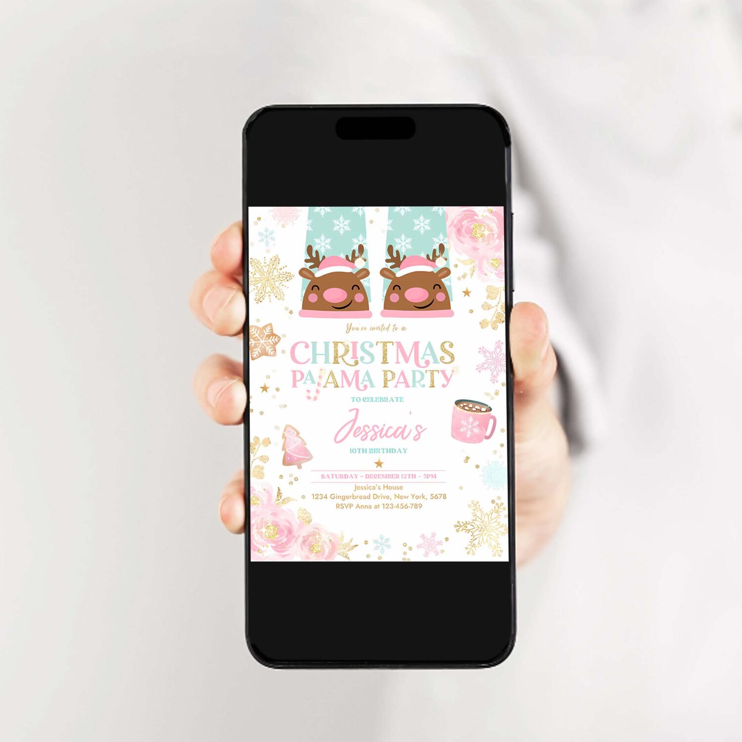 Editable christmas pajama birthday invitation girly pink gold slumber party invitation holiday pajama party instant download jo 2