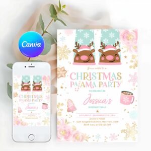 Pajama Party Invitation, Christmas Pajama Birthday Invitation Girly Pink Gold Slumber Party Invitation Holiday Pajama Party