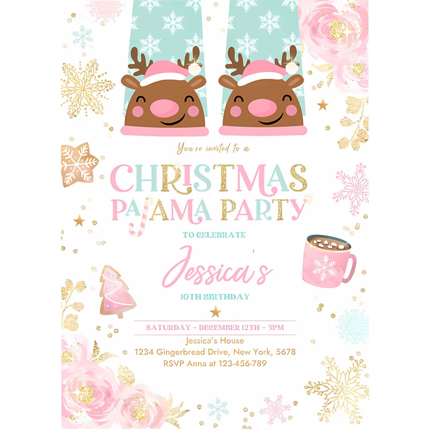 Editable christmas pajama birthday invitation girly pink gold slumber party invitation holiday pajama party instant download jo 4
