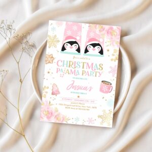 Editable christmas pajama birthday party invitation girly pink gold floral slumber party invitation holiday pajama party instant download jo 1