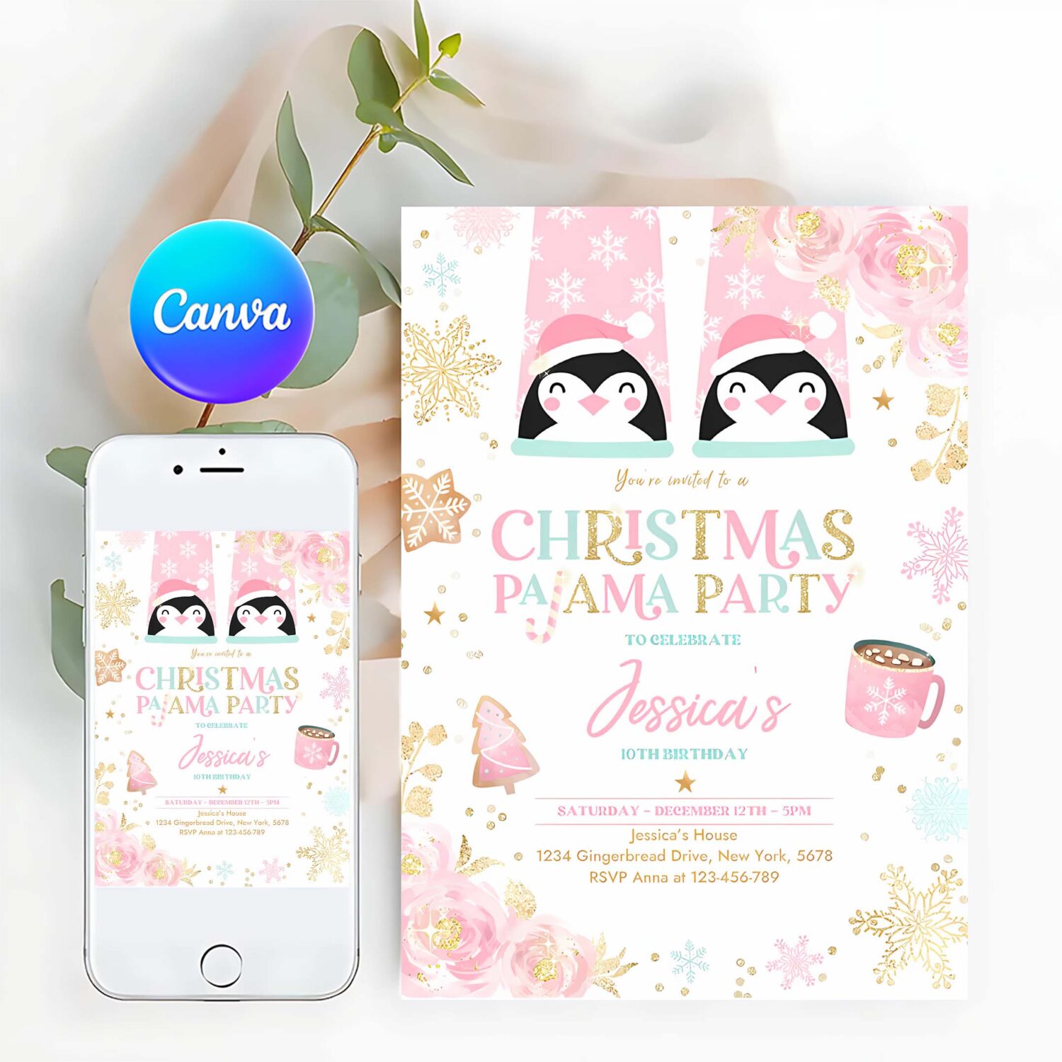 Editable christmas pajama birthday party invitation girly pink gold floral slumber party invitation holiday pajama party instant download jo