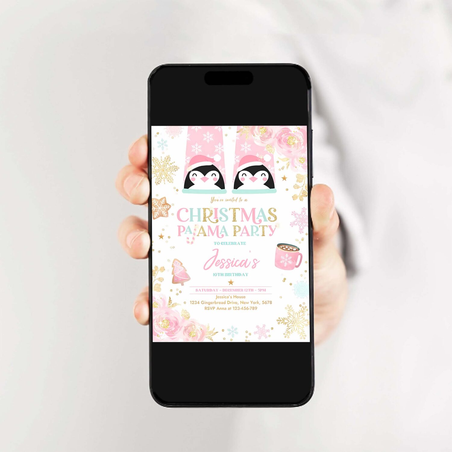 Editable christmas pajama birthday party invitation girly pink gold floral slumber party invitation holiday pajama party instant download jo 2