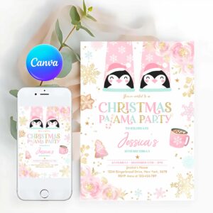 Pajama Party Invitation, Christmas Pajama Birthday Party Invitation Girly Pink Gold Floral Slumber Party Invitation Holiday Pajama Party
