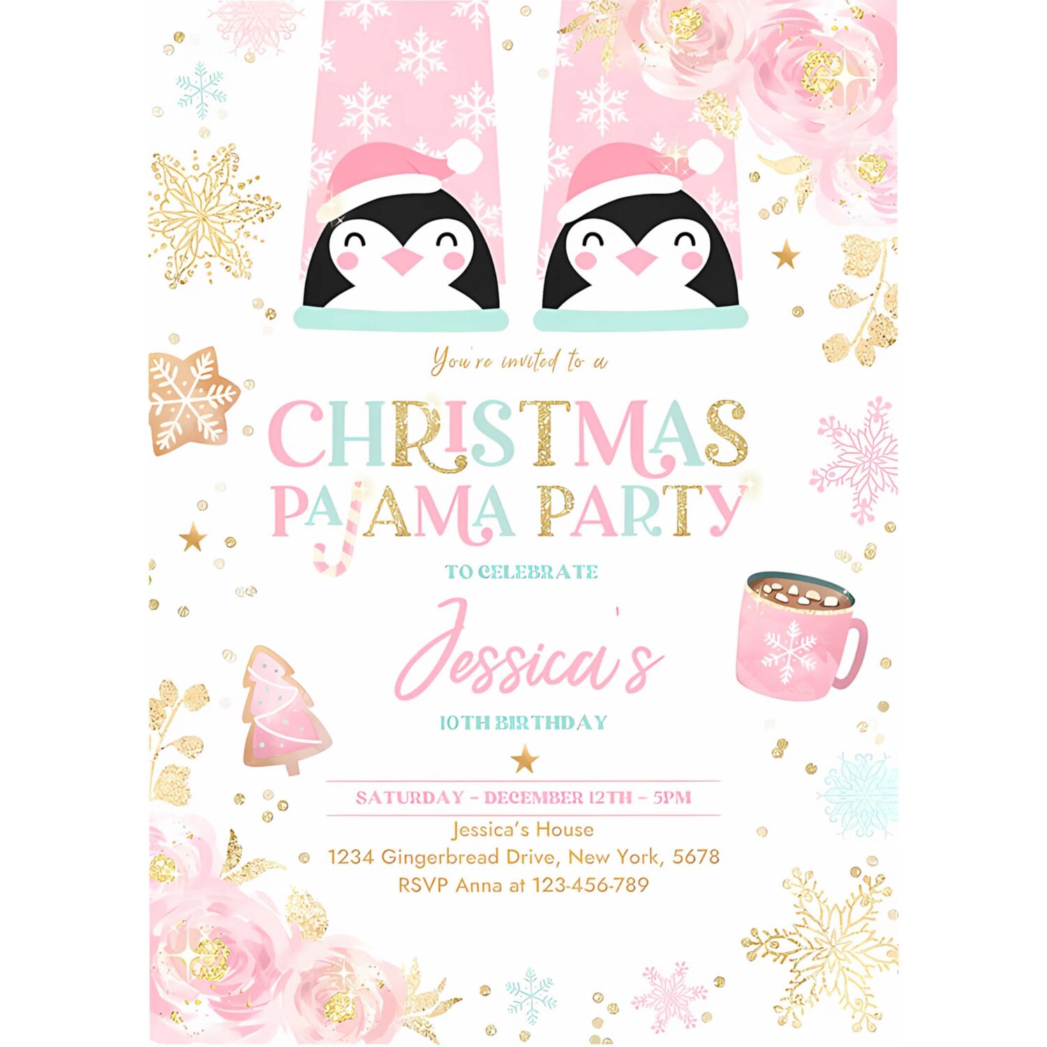 Editable christmas pajama birthday party invitation girly pink gold floral slumber party invitation holiday pajama party instant download jo 4