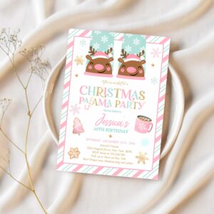 Editable christmas pajama birthday party invitation girly pink gold slumber party invitation holiday pajama party 1